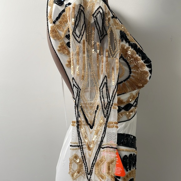 Starlet London Selena Embellished Plunge Mini Dress Sequins White Gold 2 New - Picture 7 of 15